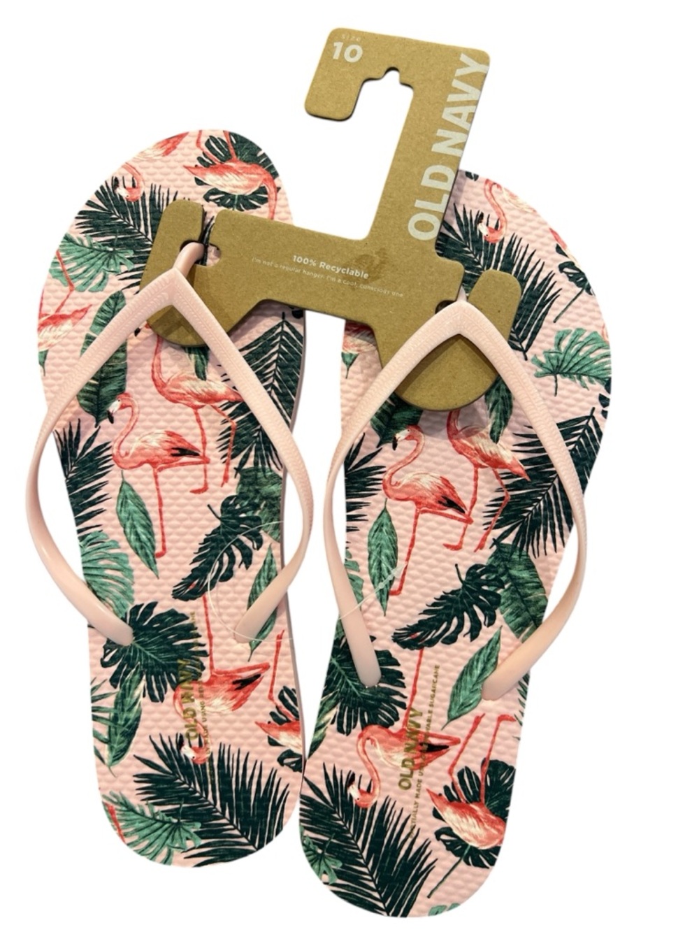 Old Navy Pink Flamingo Print Flip Flops with Green Leaf Accents